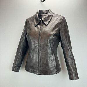 Bagatelle Brown Croc Embossed Leather Jacket M Y2K Zip Up